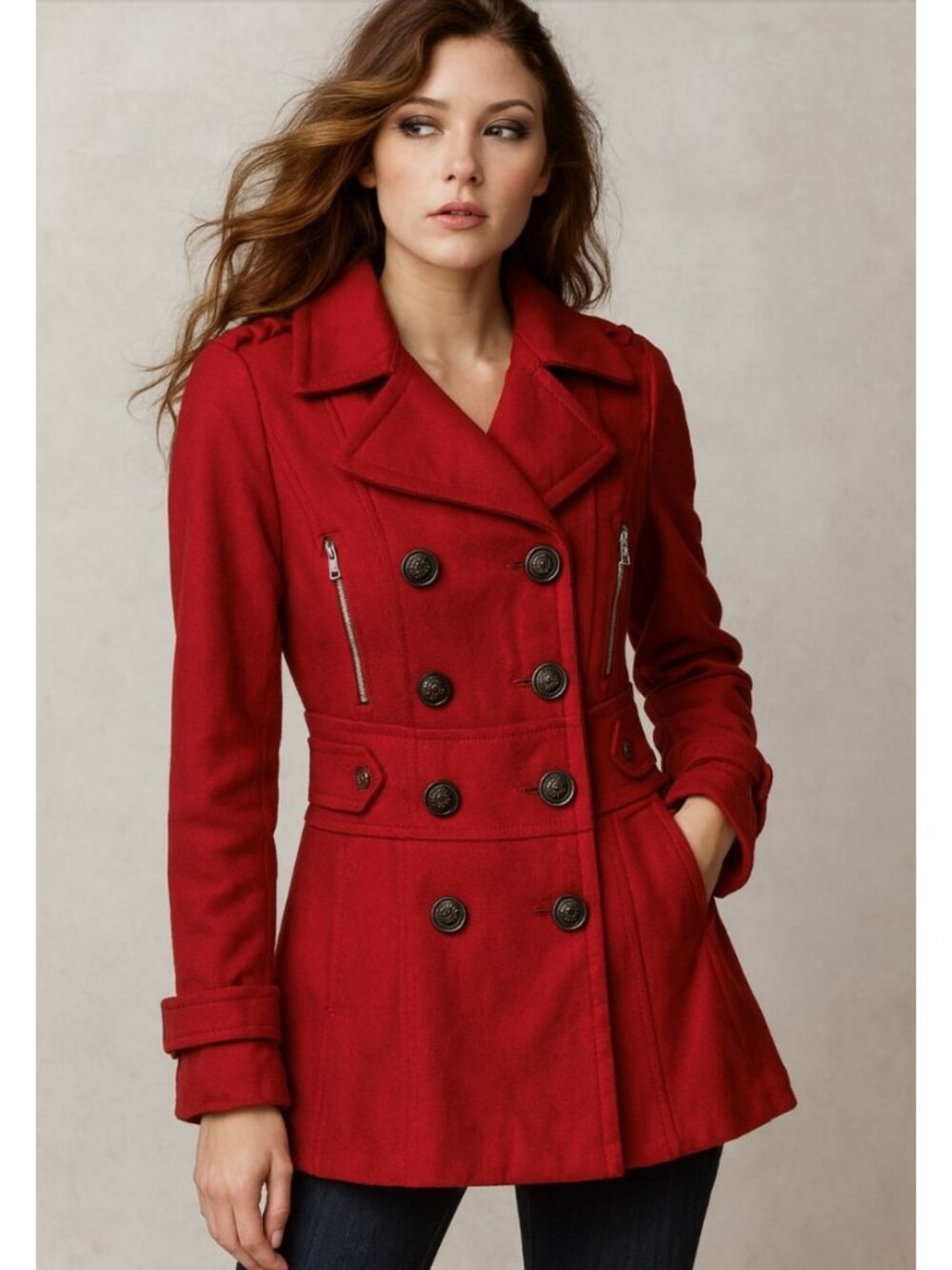 MISS Sixty‎ Wool Peacoat Womens Large Red Double Breasted